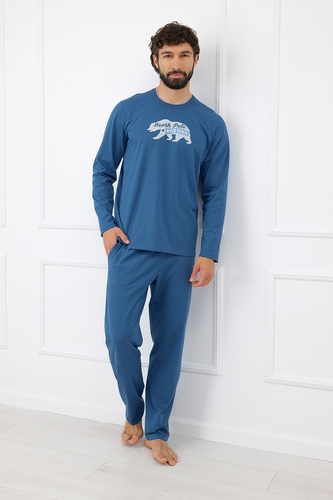 Piżama Męska Italian Fashion Kasim 100% Bawełna Długa Miś Kieszenie- jeansowa