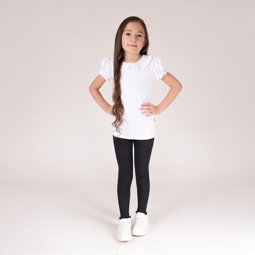 141523 Prążkowane legginsy dziewczęce Nicol – bawełna z elastanem, falbanka, czarne