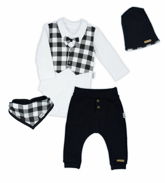 163353 Komplet czapka, apaszka, body i spodnie "Bunny Kratka" Nicol - czarny/biały