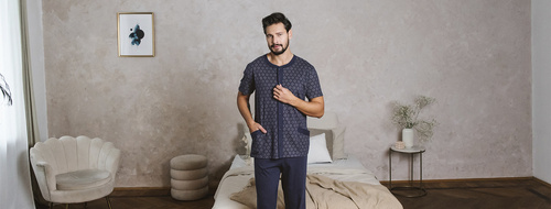 Ricardo Piżama Męska krótki rękaw, długie spodnie Italian Fashion - granatowy