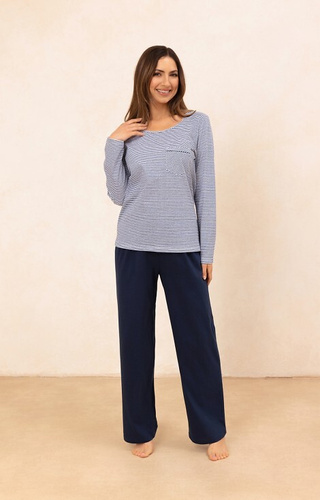 715 Piżama damska Regina granatowa – bawełniana, koszulka w paski z kieszonką