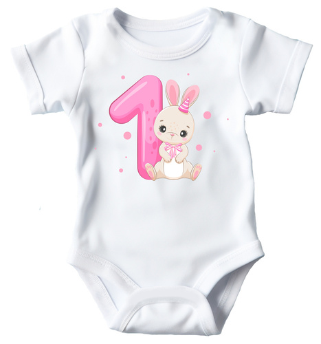"ROCZEK dla dziewczynki, króliczek jedynka" Body krótki rękaw Moocha biały