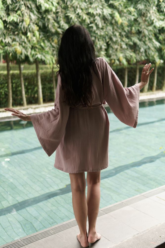 Sepia Rose Kimono muślinowe szlafrok Makaszka | 100% bawełna, lekki i przewiewny