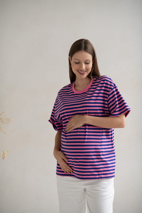 Mamahood T-shirt ciążowy i do karmienia Milk&Love różowo-niebieskie paski – wygodny i stylowy