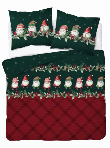 5618 A Magia Świąt Pościel flanelowa świąteczna Detexpol w skrzaty na bordowo-zielonym tle– bawełna 100%, 160 g/m², zamek, OEKO-TEX®