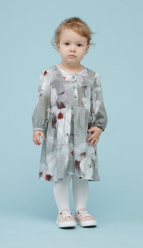 Tres Bien Sukienka z długim rękawem Pinokio - szare kwiaty 