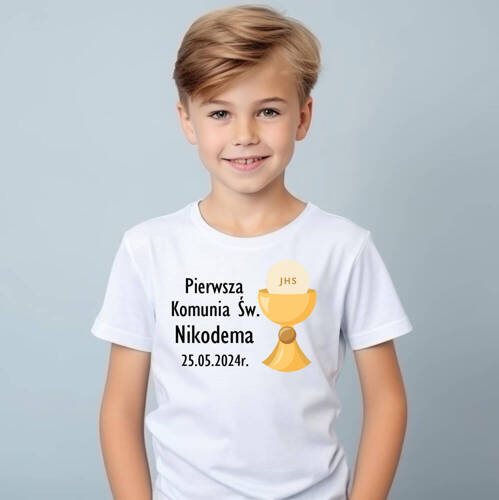 SKU 200 "Pierwsza Komunia Św. z imieniem oraz datą" Koszulka dziecięca krótki rękaw Moocha biały