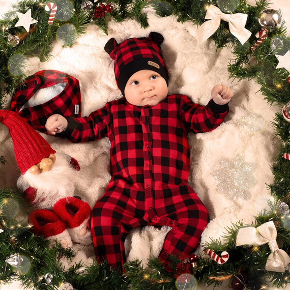 163517 Pajacyk niemowlęcy "Magia Świąt" Nicol - kratka: czarny, czerwony