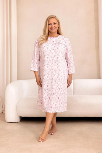 Koszula Nocna Regina 022 100% Bawełna Rękaw 7/8 Roślinny Wzór- różowa