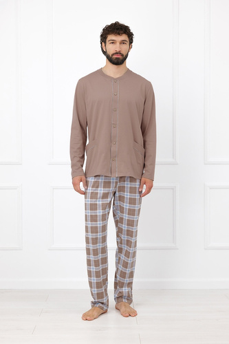Italian Fashion Wilhelm Piżama Męska 100% Bawełna Guziki Krata - cappuccino