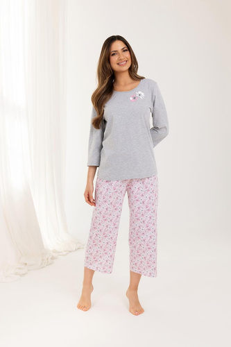 711 Piżama damska Regina szary – bawełna, rękaw 3/4, rybaczki, komfort na co dzień
