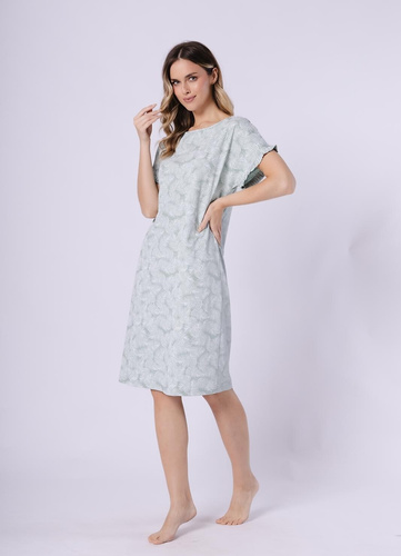 Koszula nocna damska 1728 Elif Leveza groszkowy – 100% bawełna, krótki rękaw z falbanką, print roślinny, długość przed kolano