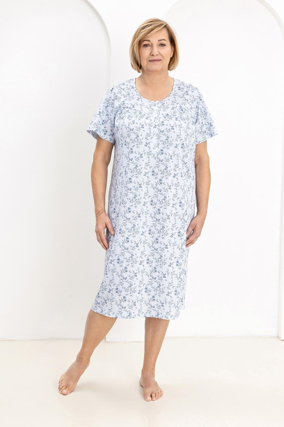 Koszula Nocna Damska 018 Regina  niebieska– 100% Bawełna Premium, Guziki, Marszczony Karczek, Komfortowy Sen Każdej Nocy