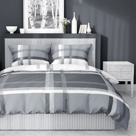 4674 A Home Satin Pościel satynowa krata Detexpol szary 