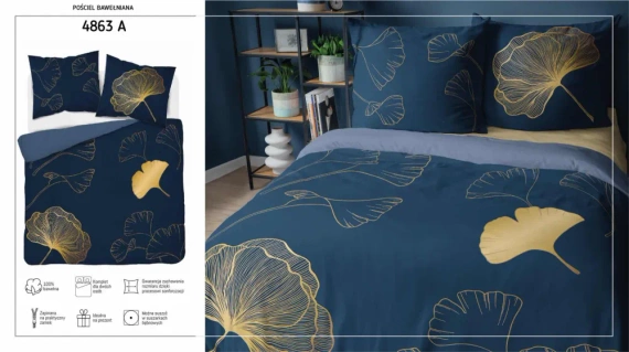 4863 A Holland Pościel bawełniana liście miłorzębu Detexpol granatowy 