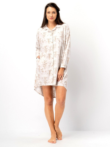 Koszula nocna LND 567 Key beżowa – długi rękaw, zapinana na guziki, poliester