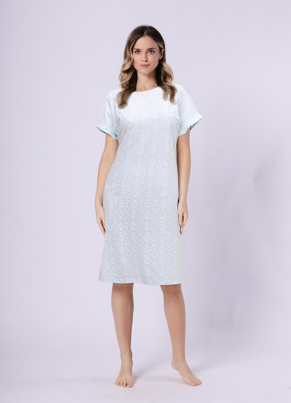 Koszula nocna damska 1730 Clea Leveza miętowa | 100% bawełna | Orientalny print, krótki rękaw z falbanką, długość przed kolanoć przed kolano Skład: 100% bawełna