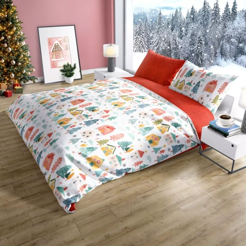 Scandic 080 Pościel świąteczna Scandic Faro biała i czerwona z kolorowymi domkami– dwustronna bawełna 100%, zamek