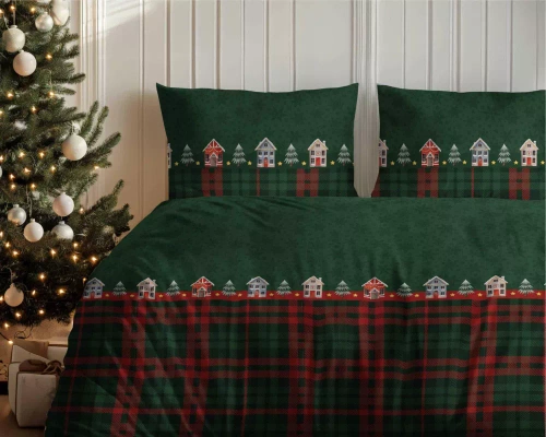 5619 B Magia Świąt Pościel flanelowa świąteczna Detexpol zielona w domki i kratę– bawełna 100%, 160 g/m², zamek, OEKO-TEX®