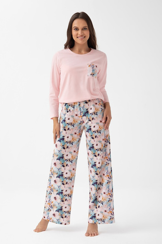 348 Piżama damska Luna różowy  – bawełna, długi rękaw, kwiatowy wzór, wygoda i styl