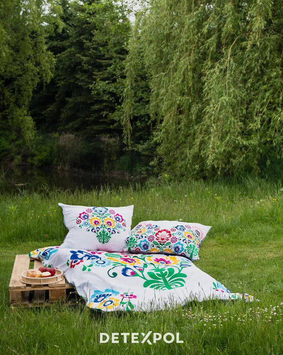 3612 A Pościel bawełniana Łowicka wycinanka kwiaty kurpiowska Detexpol biały/szary