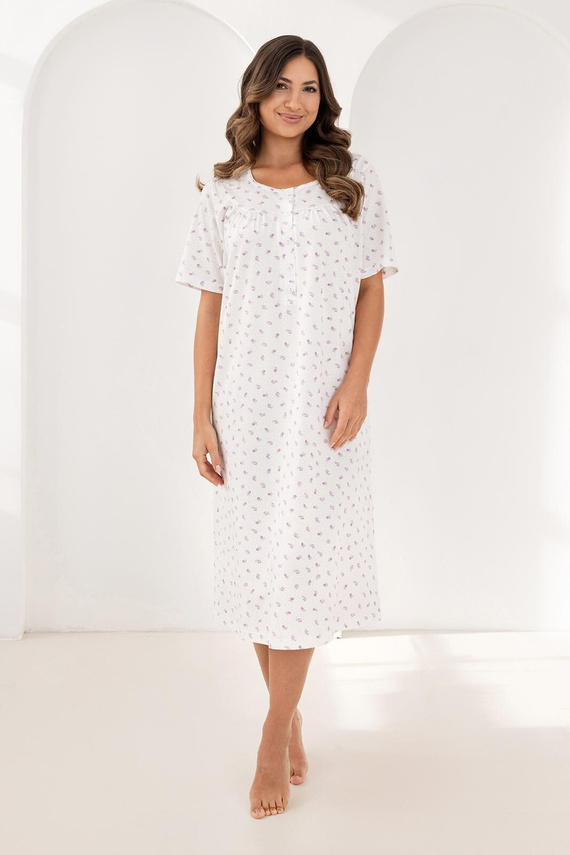 019 Regina Koszula nocna fioletowa – długa, bawełniana, z dekoltem zapinanym na guziki