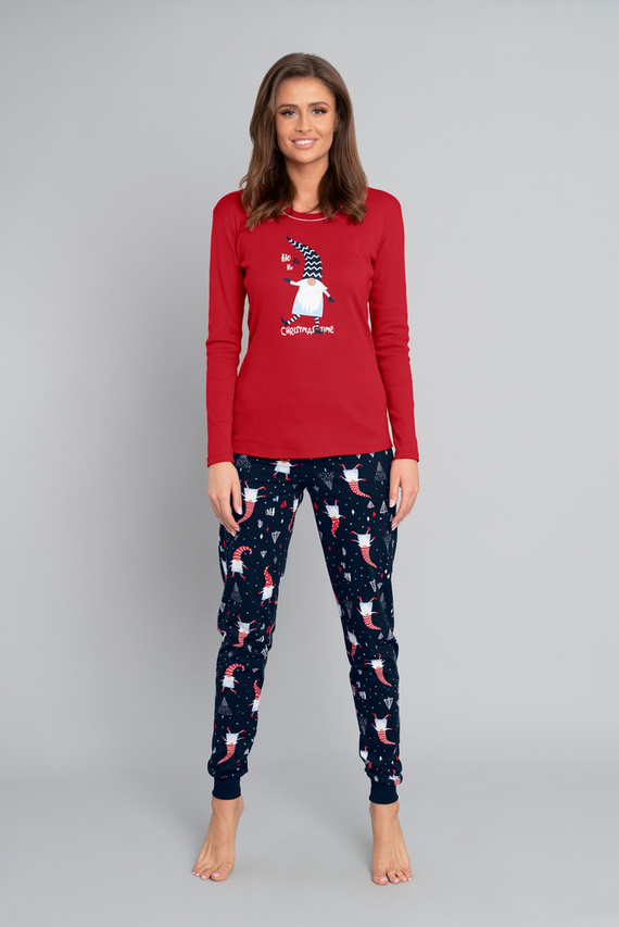 Skrzat Piżama Damska długi rękaw i długie spodnie talian Fashion- czerwony/druk 