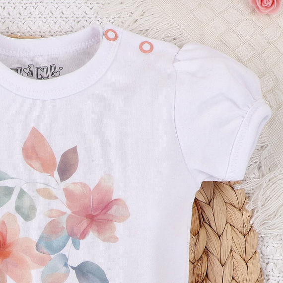 ABN-5418 Kolorowe kwiatki Body z krótkim rękawem z bawełny organicznej Nini biały