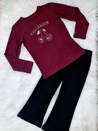 Bluzka dziewczęca Cherries Bambarillo bordowa– bawełniana, długi rękaw, z nadrukiem