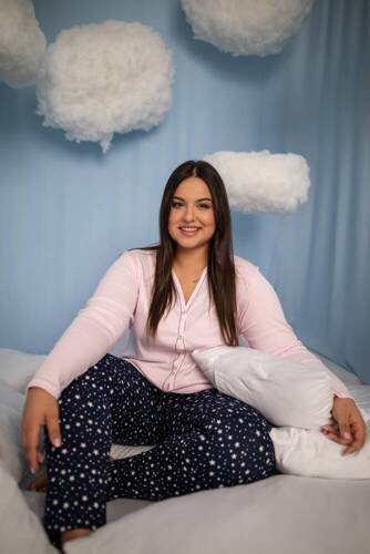 Libra Piżama Damska rozpinana długi rękaw i spodnie Italian Fashion - różowy/druk