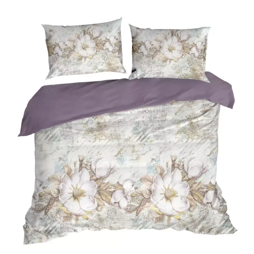 Spring 26 Kwiaty pościel satynowa Eurofirany kremowy/fioletowy