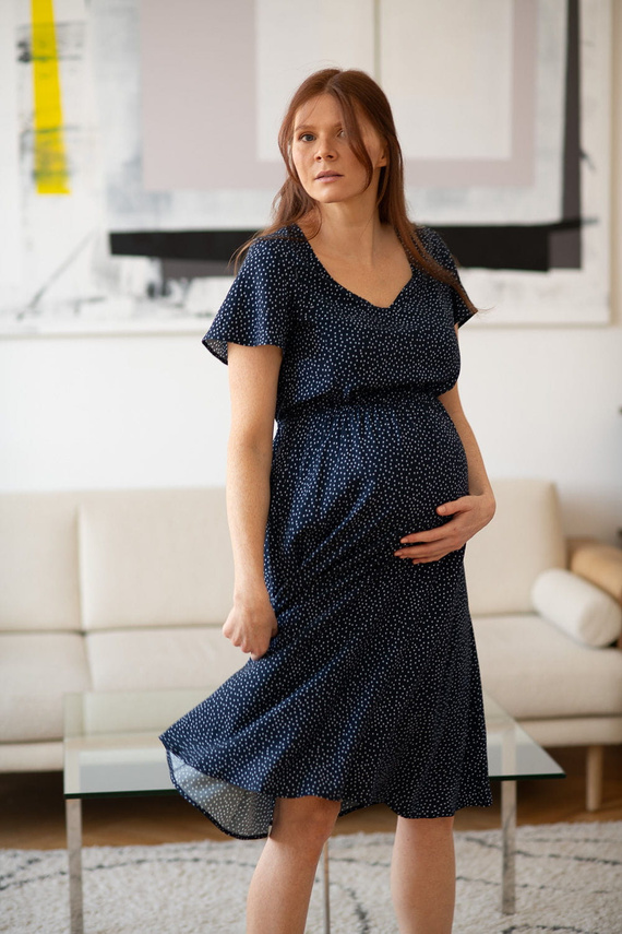 Lovely Dress Midi sukienka ciążowa i do karmienia krótki rękaw Milk&Love granatowa w groszki