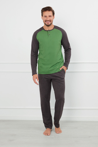 Aleksander Piżama Męska długi rękaw, długie spodnie Italian Fashion - zielony/c.melanż