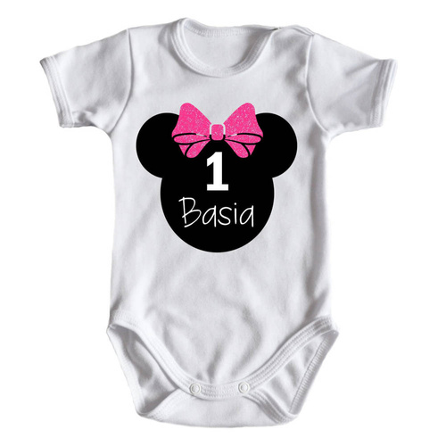 Body krótki rękaw na roczek dla dziewczynki z myszką Moocha różowy