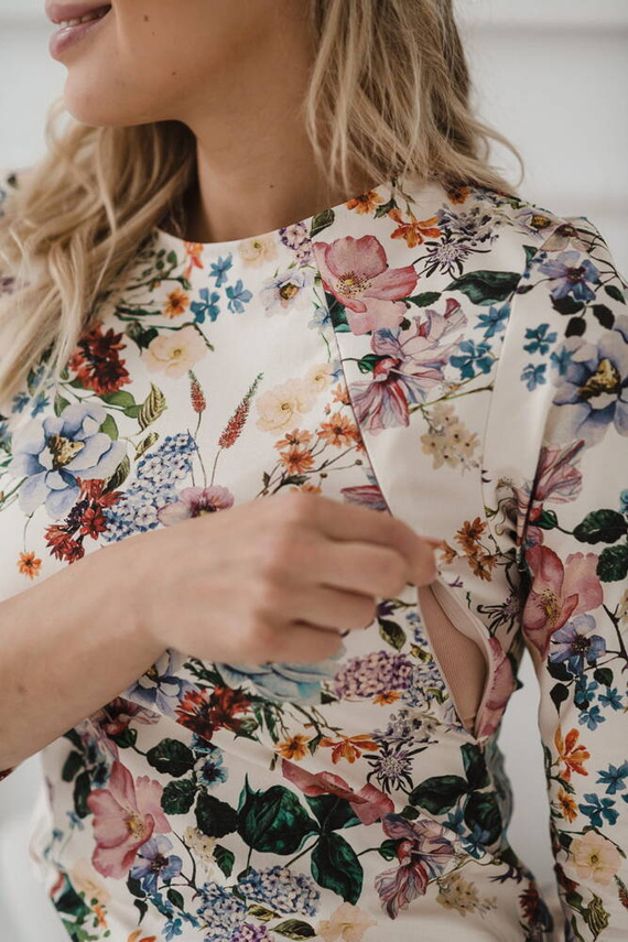 Milky Classic Sukienka do karmienia Milk&Love rękaw 3/4 kremowa w kwiaty