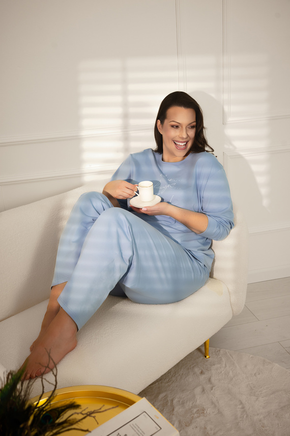 Piżama damska Ksara Italian Fashion – bawełniana, długi rękaw i spodnie z kieszeniami - stalowy 