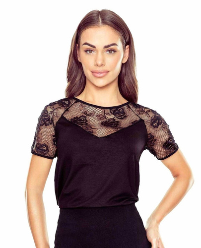 Elegancka bluzka damska Ursa Eldar czarna| Koronkowe detale, elastyczna wiskoza, krótki rękaw | Must-have na każdą okazję