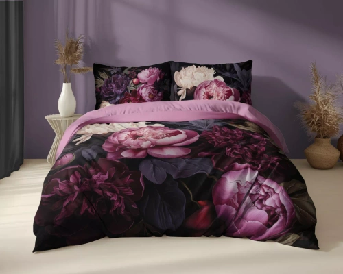 5129 A Pościel bawełniana Holland Detexpol czarna w piwonie w odcieniach bordo i różu – 100% bawełna, dwustronna, polska produkcja
