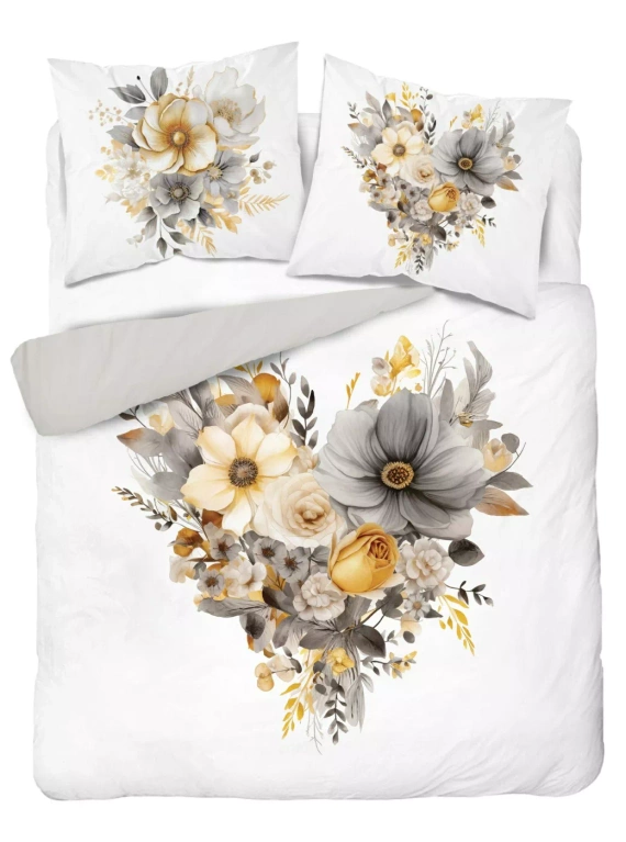 5125 A Pościel bawełniana Holland Detexpol biała z sercem z kwiatów beżowo-szarych– 100% bawełna, dwustronna, polska produkcja