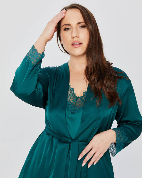 Szlafrok satynowy z koronką plus size Mona dark green