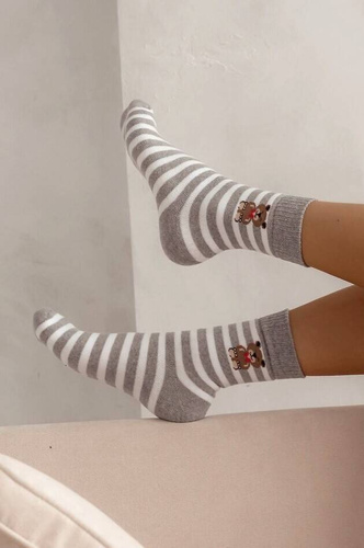 0118-009 Paski Misie bezuciskowe Skarpety damskie frotte Milena - melanż jasny