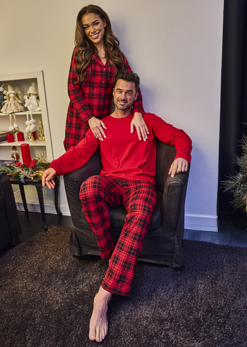 124/305 Denali Cornette– męska piżama bawełniana, długi rękaw, czerwona, spodnie w kratkę