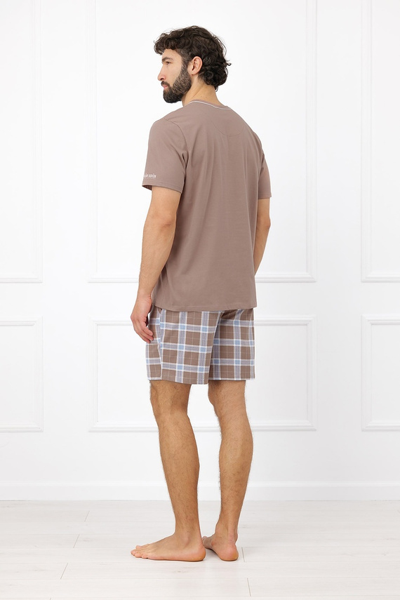 Piżama Męska Italian Fashion Dante Bawełna Krótka Szorty Krata Kieszenie-cappuccino