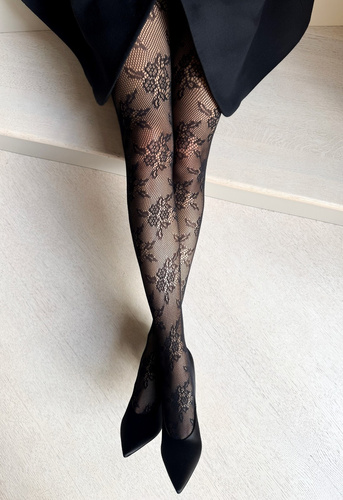 Rajstopy Gia Veneziana czarne– kabaretki z kwiatowym wzorem, bez wzmocnień na palcach