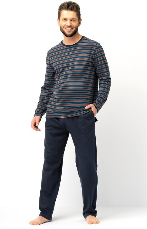 MNS 315 Piżama męska Key brązowa – bawełna, bluza w paski i gładkie spodnie