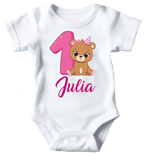 SKU A031 "1 urodziny ROCZEK różowa jedynka" Body krótki rękaw Moocha biały