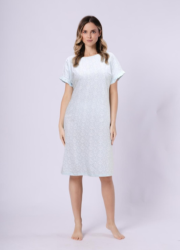 Koszula nocna damska 1730 Clea Leveza miętowa | 100% bawełna | Orientalny print, krótki rękaw z falbanką, długość przed kolanoć przed kolano Skład: 100% bawełna