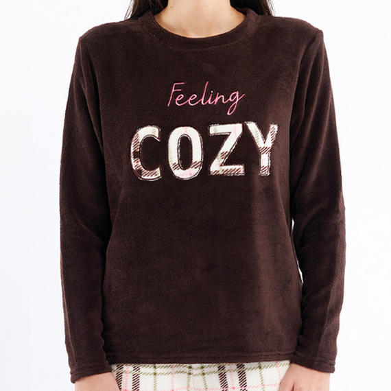 Piżama Liliana Sorbetto brązowa – ciepła polarowa w kratę z haftem 