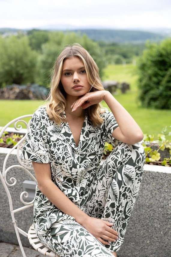 Piżama damska Louise Sensis khaki-ecru z wiskozy, koszula na guziki + spodnie