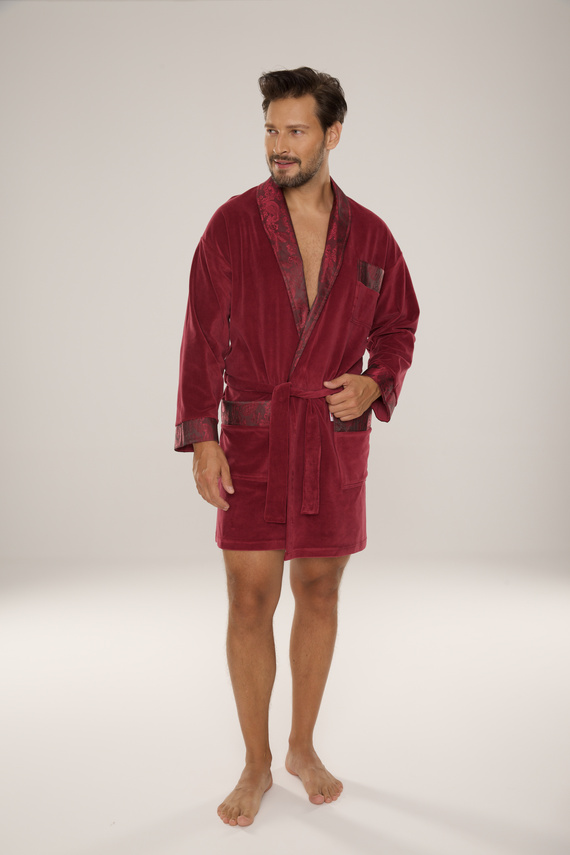 866 Noble Szlafrok męski welurowy De Lafense – krótki, elegancki, bawełna - burgund